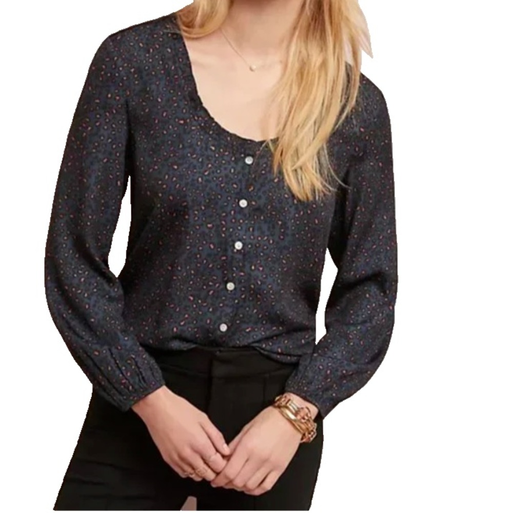 XL Anthropologie Dolan Navy Floral Button-Up Blouse